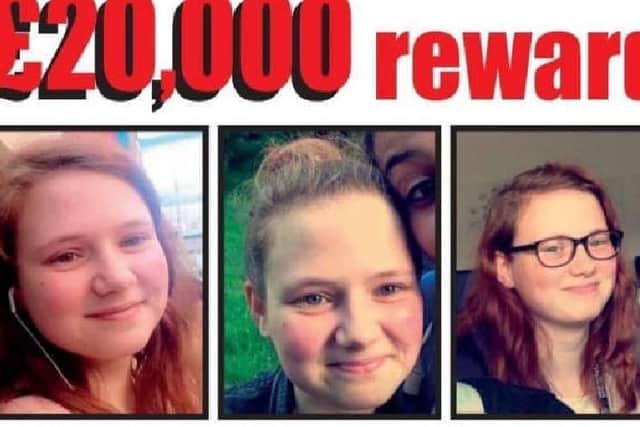 The posters advertise a £20,000 reward for information that leads to finding Leah
