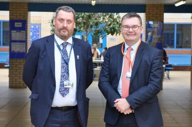 Andy Squires with MP Iain Stewart at Denbigh School