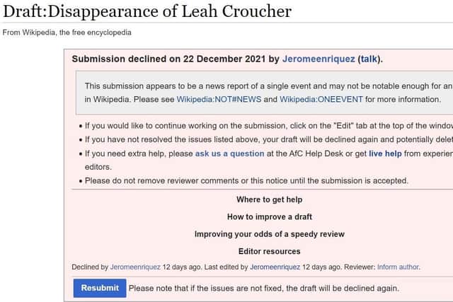 Wikipedia have refused the first three submissions
