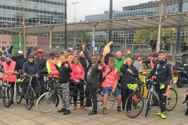 Cyclists gather in Station Square at CMK