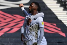 Mo Eisa celebrates scoring his ninth goal of the season