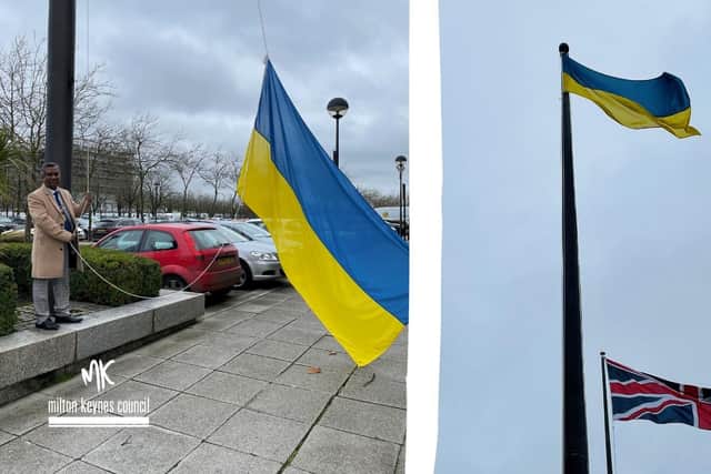 Mayor Mohammed Khan raises the Ukraine flag in Milton Keynes