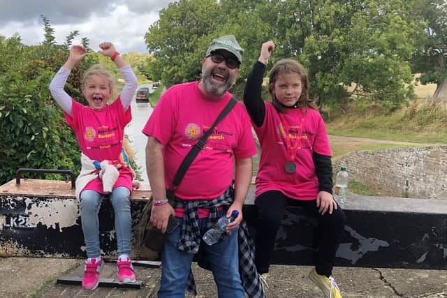 Simon with his two children Hope and Bevan on the 2019 Walk of Hope, photo from Brain Tumour Research