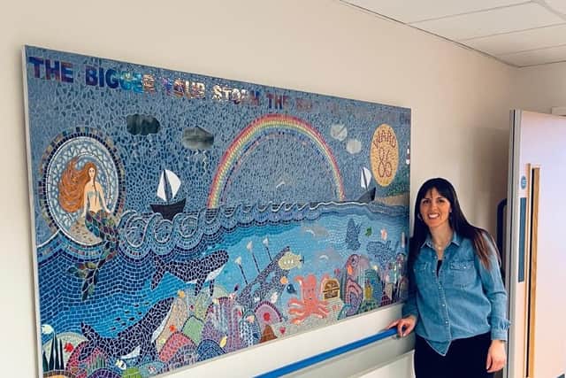 Sarah has just completed the artwork which features hand-painted sea creatures put together in collaboration with children on Ward 86 at the Royal Manchester Children's Hospital