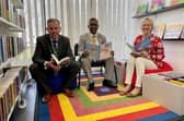 Trying out the new library. From left: MK Council's director of children’s services Mac Heath, Mayor Cllr Mohammed Khan and Cllr Zoe Nolan, the Cabinet member for children and families.