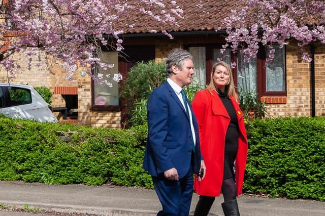 Laetisia Carter the Labour and Cooperative Party Candidate for the Thames Valley Police & Crime Commissioner election 2021 with party leader Sir Keir Starmer meeting voters in Milton Keynes