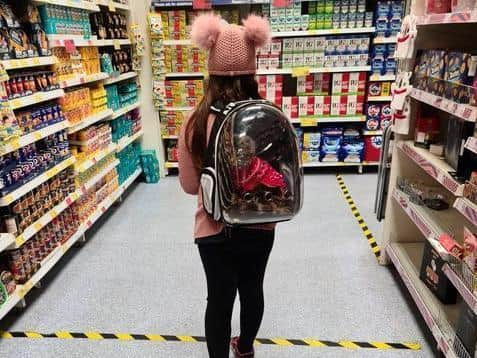 Fluff has always accompanied Rose to the shops in her special backpack