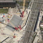 Overhead shot shows precast concrete beams in position ahead of West Coast main line closure at Bletchley. Photo:  Network Rail Air Operations