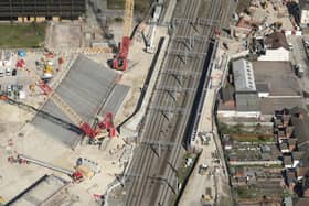 Overhead shot shows precast concrete beams in position ahead of West Coast main line closure at Bletchley. Photo:  Network Rail Air Operations