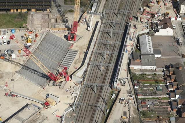 Overhead shot shows precast concrete beams in position ahead of West Coast main line closure at Bletchley. Photo:  Network Rail Air Operations