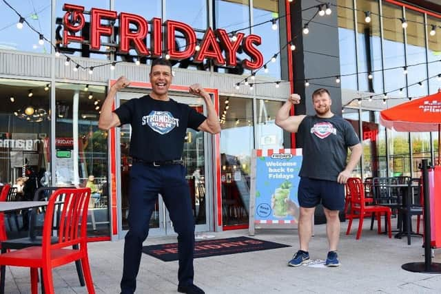 UK’s Strongest Man 2021 host Chris Kamara and athlete Paul Smith outside Fridays