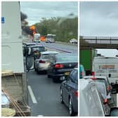 Traffic was blocked both ways while emergency services dealt with a blazing lorry on the M1