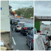 Traffic was blocked both ways while emergency services dealt with a blazing lorry on the M1