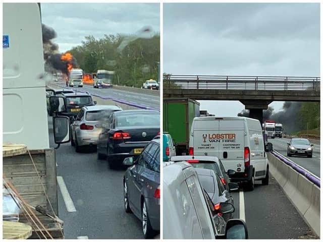 Traffic was blocked both ways while emergency services dealt with a blazing lorry on the M1
