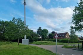 The mast has been superimposed on a photo of scenic Woughton on the Green