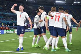 England celebrate scoring against Ukraine