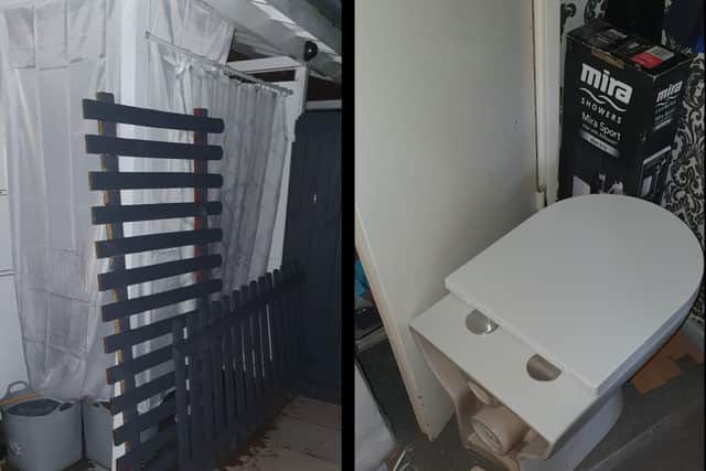 The family had to use a makeshift bathroom in the porch when they were left without a toilet