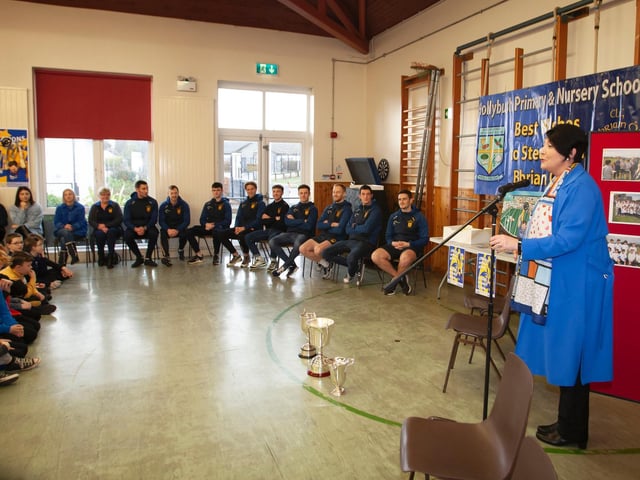Hollybush Primary School Principal, Ms. Teresa Duggan, chairs a question and answers session with the Steelstown players and pupils. (Photo: Jim McCafferty)