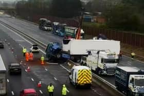 The lorry was across the carriageway on the M1