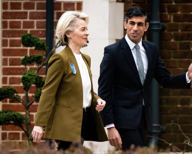 Prime Minister Rishi Sunak welcomes European Commission president Ursula von der Leyen at the Fairmont Windsor Park hotel in Englefield Green, Windsor, Berkshire, ahead of a meeting to discuss a "range of complex challenges" around the Brexit treaty. Picture date: Monday February 27, 2023.