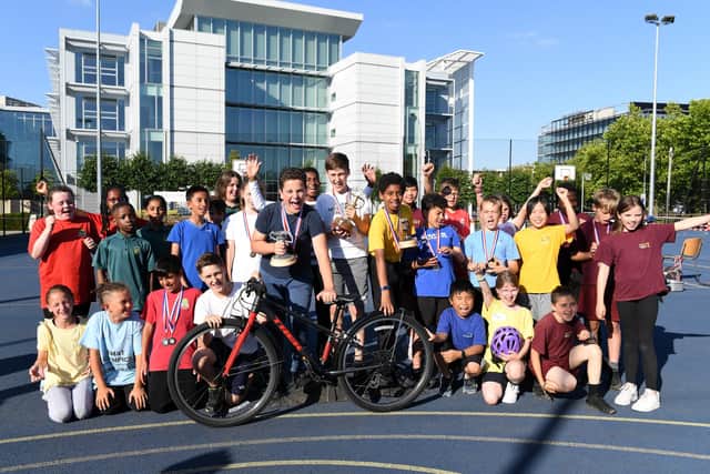 Bikeability Olympics contestants at the prize-giving ceremony