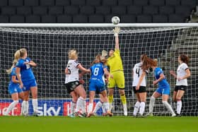 MK Dons keeper Chloe Sansom tips a Birmingham City chance over the bar. Dons' defence put in a brilliant performance against the Blues before being breached in the 92nd minute at Stadium MK. Pic: CTF