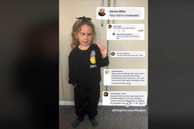 The innocent post attracted dozens of mean comments about the little girl’s eyes.  One man wrote: “Your kid is cross-eyed” while another user stated: “That child's eye needs seeing to.”