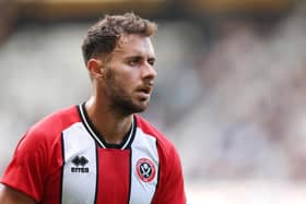 DERBY, ENGLAND - JULY 29: George Baldock of Sheffield United looks on during the pre-season friendly match between Derby County and Sheffield United at Pride Park on July 29, 2023 in Derby, England. (Photo by Michael Regan/Getty Images)