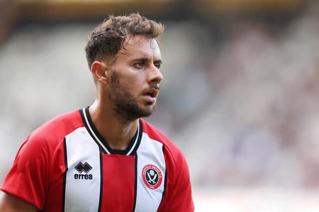 DERBY, ENGLAND - JULY 29: George Baldock of Sheffield United looks on during the pre-season friendly match between Derby County and Sheffield United at Pride Park on July 29, 2023 in Derby, England. (Photo by Michael Regan/Getty Images)