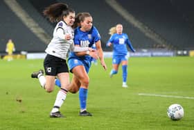 Leyla O'Brien battles for the ball with a Birmingham City defender. Pic: CTF Photography