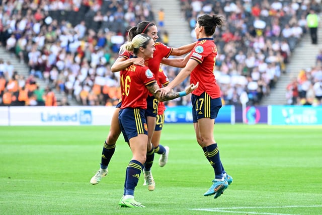 Spain's striker Lucia Garcia celebrates with teammates after scoring their third goal