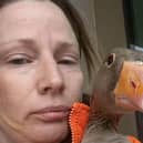 Bruce the Goose with wildlife rescuer Allie Short,  who rounded him up several times from the streets of Central Milton Keynes