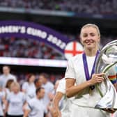 Leah Williamson lifting the European Championship at Wembley. (Photo by Naomi Baker/Getty Images)
