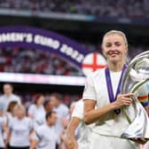 Leah Williamson lifting the European Championship at Wembley. (Photo by Naomi Baker/Getty Images)