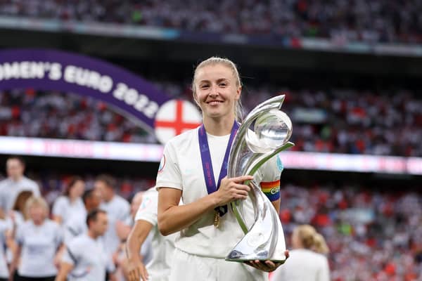 Leah Williamson lifting the European Championship at Wembley. (Photo by Naomi Baker/Getty Images)
