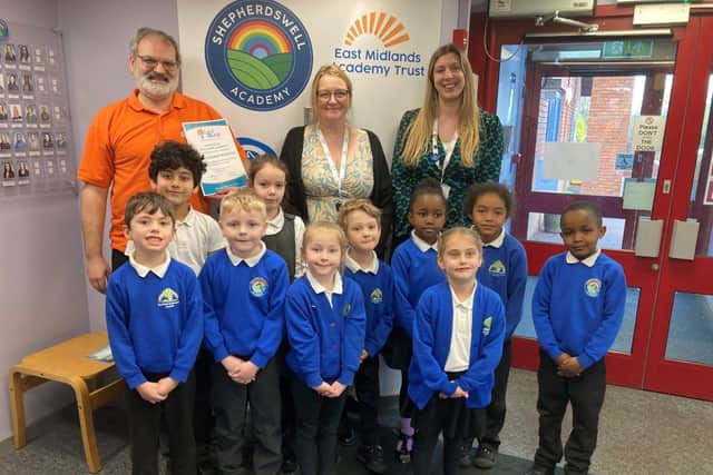 Shepherdswell Academy school council members with Peter Rainford from St Andrew's College, headteacher Ruth Ryan and assistant headteacher Ellen Williams