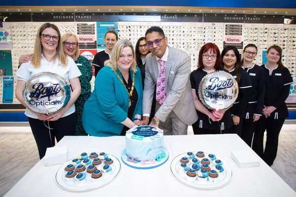 Boots Opticians team members with Councillor Amanda Marlow the Mayor of Milton Keynes