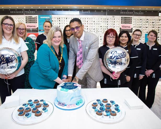 Boots Opticians team members with Councillor Amanda Marlow the Mayor of Milton Keynes