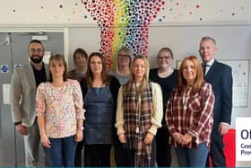 From left, Cllr Joe Hearnshaw, cabinet Member for children and young people with Mac Heath, director of children’s services (right) alongside the team at Furze House