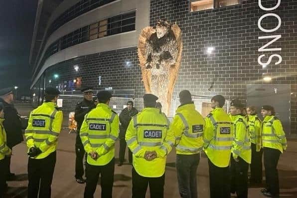 Cadets at the  Knife Angel at the MK Dons stadium