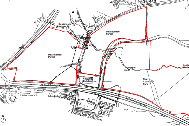 The 40-hectare site is located above the A5 by Old Stratford, stretching across four large fields. Credit: Frontier Estates