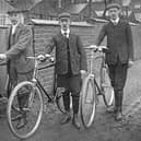 Three gentlemen pose with their bicycles at the roadside, Stony Stratford, now part of Milton Keynes.