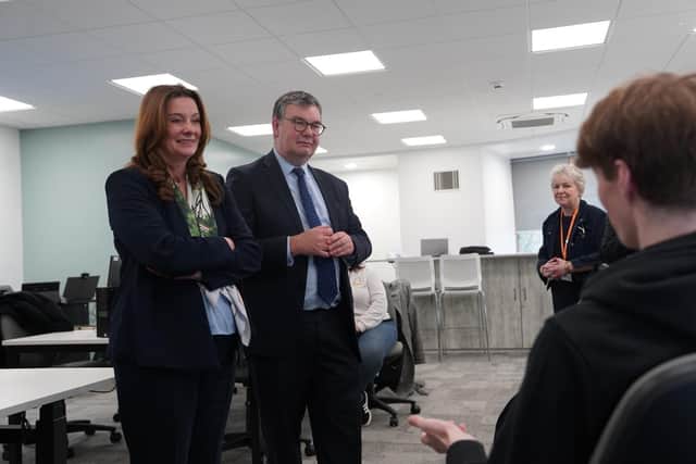 Secretary of State for Education Gillian Keegan with Iain Stewart MP during their visit to the South Central Institute of Technology in Bletchley.