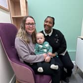 Amy Rowling and her one-year-old son alongside colleague Gloria Kubajo. Both work at the hospital and are now using the breastfeeding and pumping room regularly