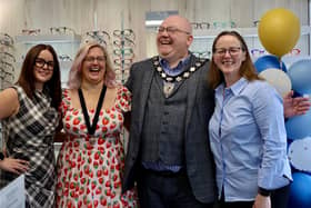 Amy Clarke (Practice Manager), Sarah Day (Mayoress), Paul Day (Mayor of Newport Pagnell) and Mary Kerr (Optometrist).
