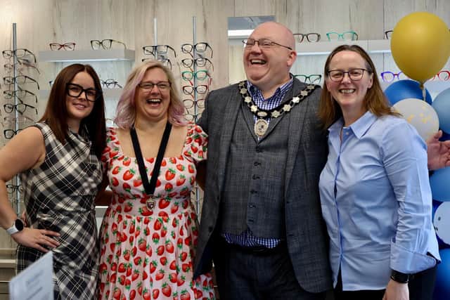 Amy Clarke (Practice Manager), Sarah Day (Mayoress), Paul Day (Mayor of Newport Pagnell) and Mary Kerr (Optometrist).