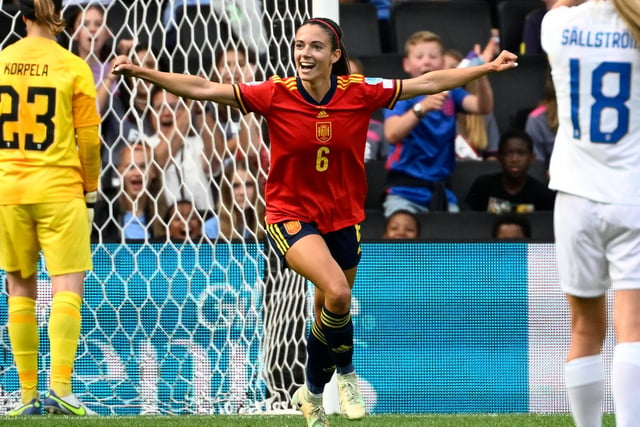 Spain's midfielder Aitana Bonmati celebrates after scoring their second goal