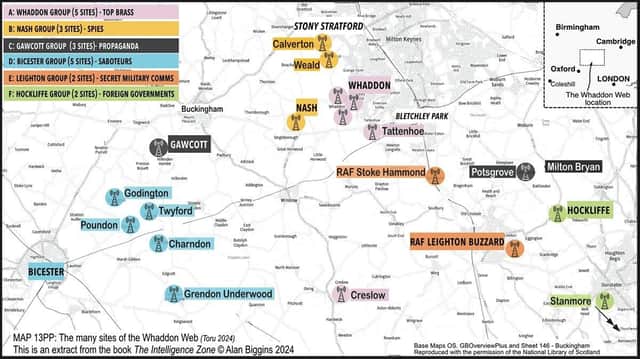 MAP 13PP: The many sites of the Whaddon Web (Toru 2024) This is an extract from the book The Intelligence Zone © Alan Biggins 2024