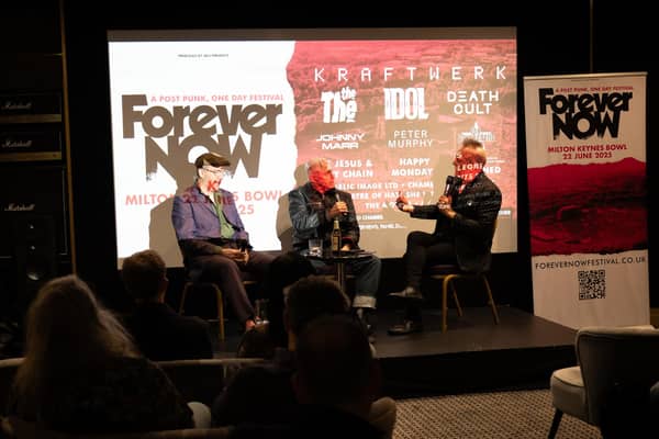 Steve Abbott and Kirk Brandon in conversation with John Robb at the Sanctum Hotel in Soho, London. Photo by David Jackson.