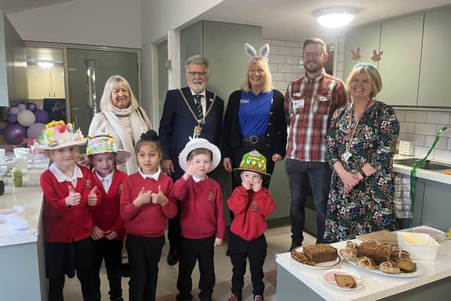 Pictured left to right: Liz Cox, Mayoress, Stephen Hibbert Mayor, Naomi Woodstock Wickes Community.